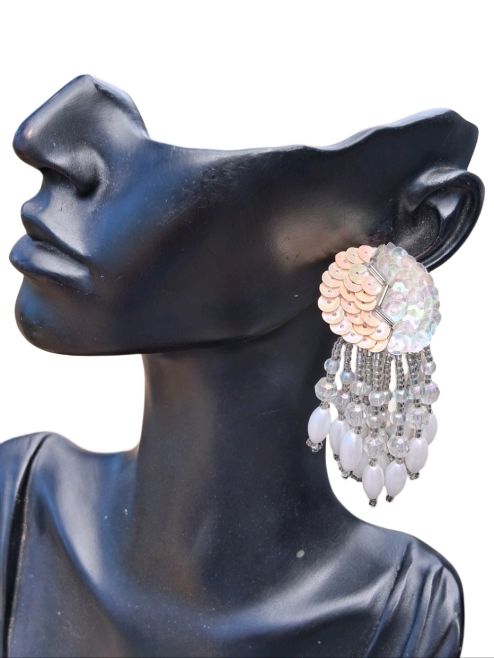 Vintage Hand Beaded Sequin Fringe Earrings | Iridescent Pearl Statement Dangle